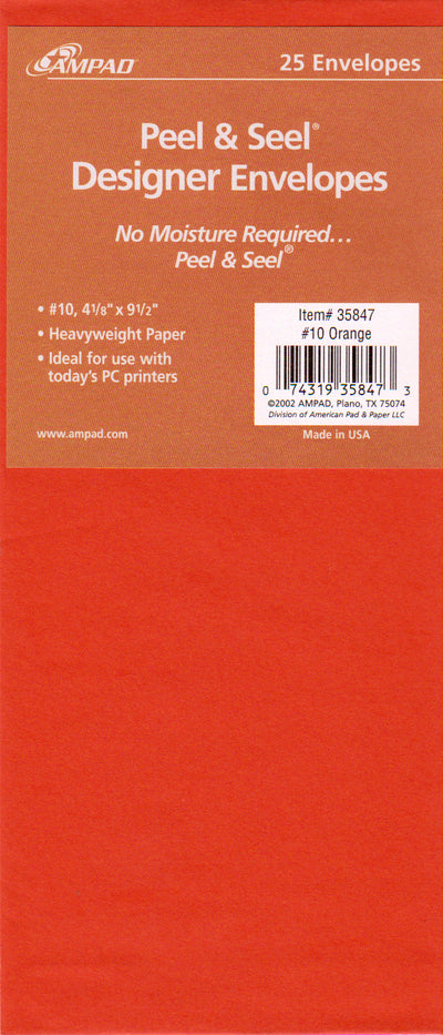 AMPAD Peel & Seel Envelopes  # 10 - 25ct orange, Case Pack of 100 , Ideal for Bulk Buyers