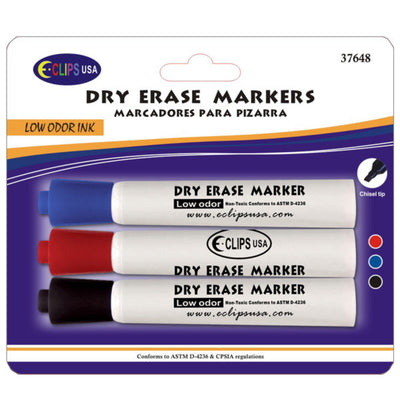 Dry Erase Markers, Low Odor, Chisel tip, Red , Blue & Black Ink, 3 pk, Case Pack of 36 , Ideal for Bulk Buyers