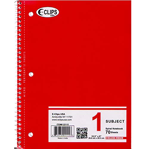 E-Clips 1 Subject Spiral Notebook College Ruled, 70 Sheets - Case Pack of 48