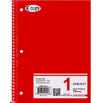 E-Clips 1 Subject Spiral Notebook College Ruled, 70 Sheets - Case Pack of 48