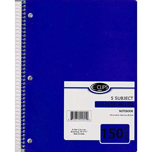 5 Subject Spiral Notebook College Ruled 150 sheets, Case Pack of 36, Ideal for Bulk Buyers