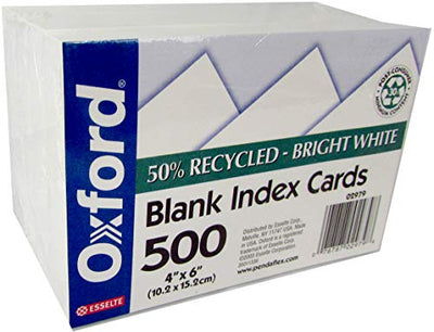 OXFORD Index cards, 4"x 6", 500 pk, White, Unruled (each 100 wrapped individually), Case Pack of 12, Ideal for Bulk Buyers