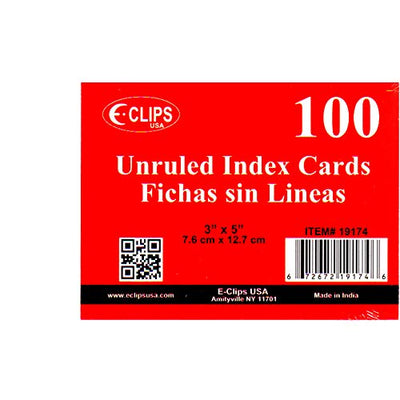 Index cards, 3"x 5", 100 pk, White, Unruled, Case Pack of 72, Ideal for Bulk Buyers