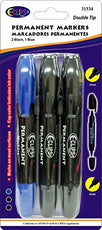 Permanent Markers double tip: Chisel & Bullet, 3 pk, 2 Black & 1 Blue ink, Case Pack of 24, Ideal for Bulk Buyers