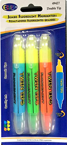 Fluorescent Highlighters, Jumbo, Double Tip: Chisel & Bullet, 3 pk, Assorted Colors, Case Pack of 24