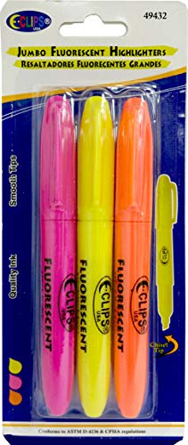 Fluorescent Highlighters, Jumbo, Chisel Tip, 3 pk, Asst Colors, Case Pack of 24,