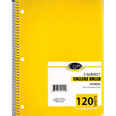 3 Subject Notebook, 120 Sheets, College Ruled, Case Pack of 36, Ideal for Bulk Buyers