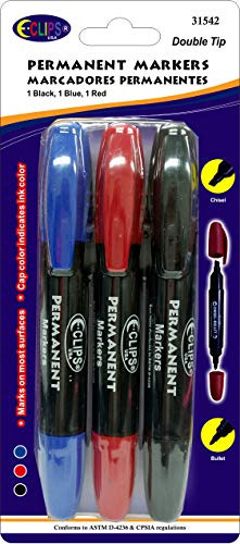 Permanent Marker double tip: Chisel & Bullet, 3 pk, Black, Red & Blue Ink, Case Pack of 24, Ideal for Bulk Buyers
