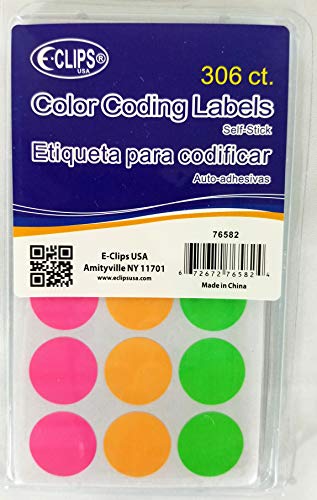 Color Coding Labels, 306 ct, Assorted Colors, 3/4" Dia, Case Pack of 36, Ideal for Bulk Buyers