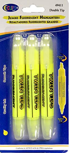 Fluorescent Highlighters, Jumbo, Double Tip: Chisel & Bullet, 3 pk,Yellow, Case Pack of 24, Ideal for Bulk Buyers