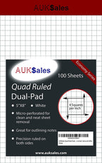 AUKSales Quad Ruled Legal Dual Pad 5 x 8 Inches -White Color 100 sheets per Perforated Pad, use in school, home and office