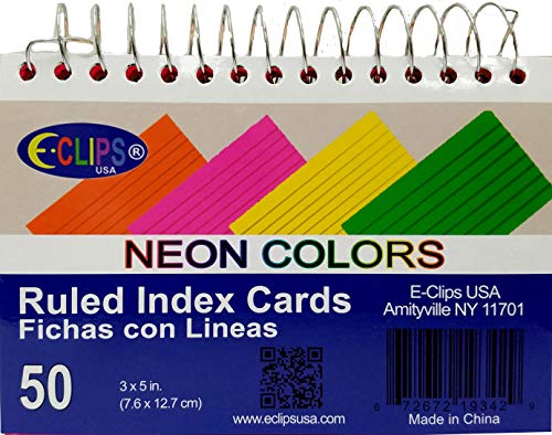 Spiral index cards, 3"x 5", 50 ct. Neon Colors, Ruled, Case Pack of 48, Ideal for Bulk Buyers
