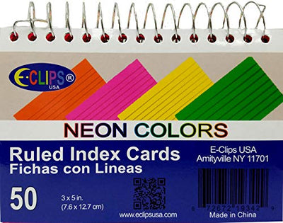 Spiral index cards, 3"x 5", 50 ct. Neon Colors, Ruled, Case Pack of 48, Ideal for Bulk Buyers