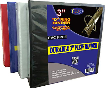 Vinyl View Binder, 3" D Ring, with Pockets, Black, White, red, Blue, Case Pack of 8, Ideal for Bulk Buyers
