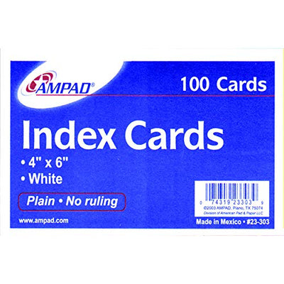 AMPAD Index cards 4"x 6", 100 pk, White, Unruled, Case Pack of 20, Ideal for Bulk Buyers