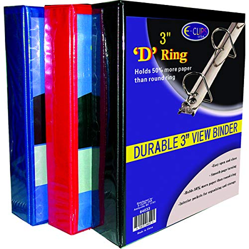 View Binder, D Ring, 3", Pockets, Asst. Colors, Case Pack of 12, Ideal for Bulk Buyers