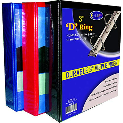 View Binder, D Ring, 3", Pockets, Asst. Colors, Case Pack of 12, Ideal for Bulk Buyers