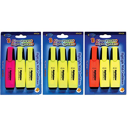 Fluorescent Highlighters, 3 Pk, Case Pack of 24, Ideal for Bulk Buyers