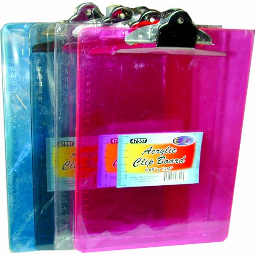 Clip Board, 8.85" x 12.2", Acrylic, Asst Colors , Case Pack of 24 , Ideal for Bulk Buyers