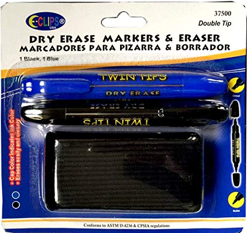 Whiteboard Markers, double tip: Chisel & Bullet, 2 pk, Blue & Black ink+ Eraser, Case Pack of 24