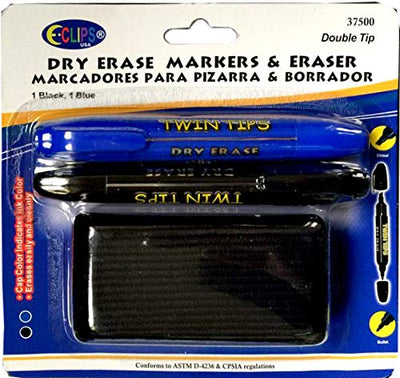 Whiteboard Markers, double tip: Chisel & Bullet, 2 pk, Blue & Black ink+ Eraser, Case Pack of 24