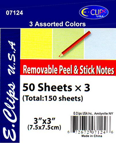 Peel & Stick Notes, 50 Sheets Each, 3 Pk, Rainbow, Case Pack of 72, Ideal for Bulk Buyers