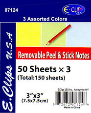 Peel & Stick Notes, 50 Sheets Each, 3 Pk, Rainbow, Case Pack of 72, Ideal for Bulk Buyers