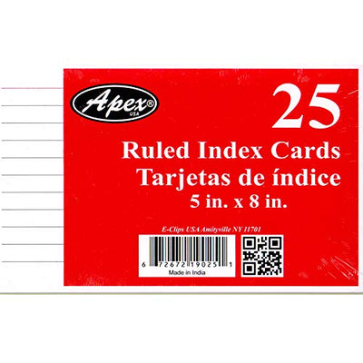 Index cards, 5"x 8", 25 pk. White, Ruled, Case Pack of 72, Ideal for Bulk Buyers