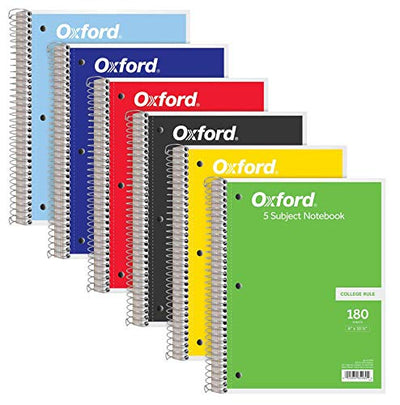 Oxfords Notebooks, 5-Subject, Wide Ruled Paper, 180 Sheets, 5 Divider Pockets, Assorted Colors (Pack of 6)