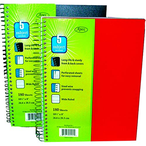 Poly Cover 5 Subject Notebook 180 Sheets w/Pockets Asst, Wide Ruled, Case Pack of 24,