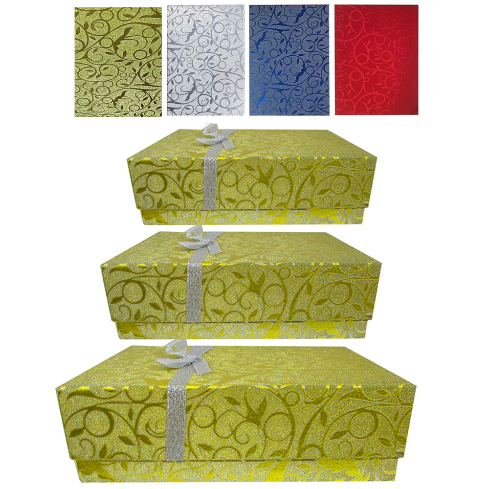 Fancy Nested Gift Boxes 3pk. Red, Silver, Gold & Blue, Case Pack of 48, Ideal for Bulk Buyers