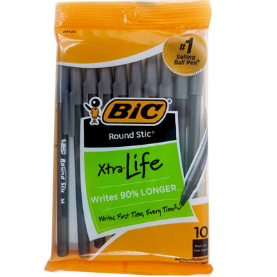 BIC Pens, Round stic, Black Ink, 10 pack,Case Pack of 144, Ideal for Bulk buyers
