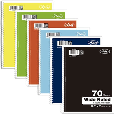 Apex 1-Subject Notebooks, 10-1/2" x 8", Wide Rule, 70 Sheets, Case Pack of 6, Color Assortment May Vary