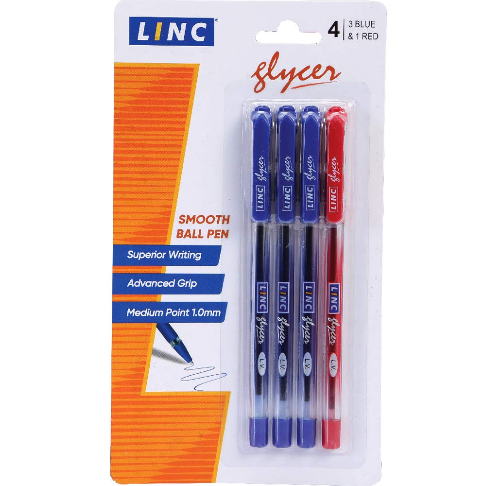 GLYCER PENS, 4pk (3 Blue + 1 Red), Case Pack of 48, Ideal for Bulk Buyers