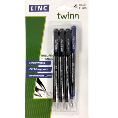 Linc Twin Ball pen+pencil, 4 pk: (3 black ink,1 blue ink), Case Pack of 48, Ideal for Bulk Buyers