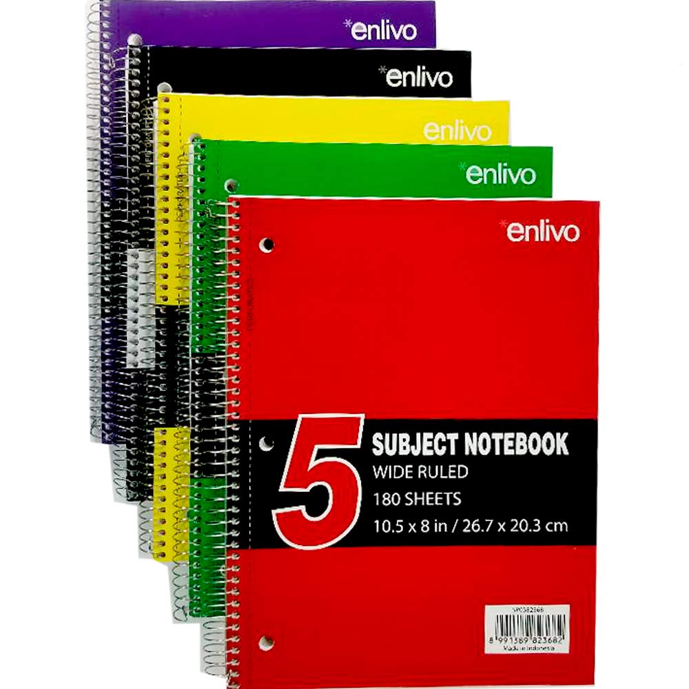 Premium 5 Subject Spiral Notebook Wide Ruled 180ct. ast. Colors, Made in Indonesia, Case Pack of 18, Ideal for Bulk Buyers
