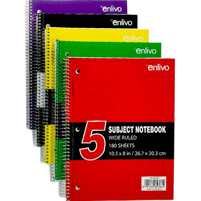 Premium 5 Subject Spiral Notebook Wide Ruled 180ct. ast. Colors, Made in Indonesia, Case Pack of 18, Ideal for Bulk Buyers