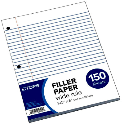 TOPS Loose Leaf Paper, Reinforced Filler Paper, Wide Ruled, 3 Hole Punched, 10-1/2" x 8", 150 Sheets/Pack, White, 24 Pack