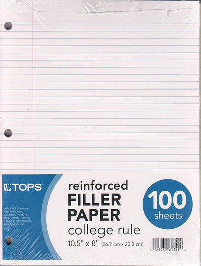 TOPS Reinforced filler paper,100 count, College Ruled, Case Pack of 12, Ideal for Bulk Buyers