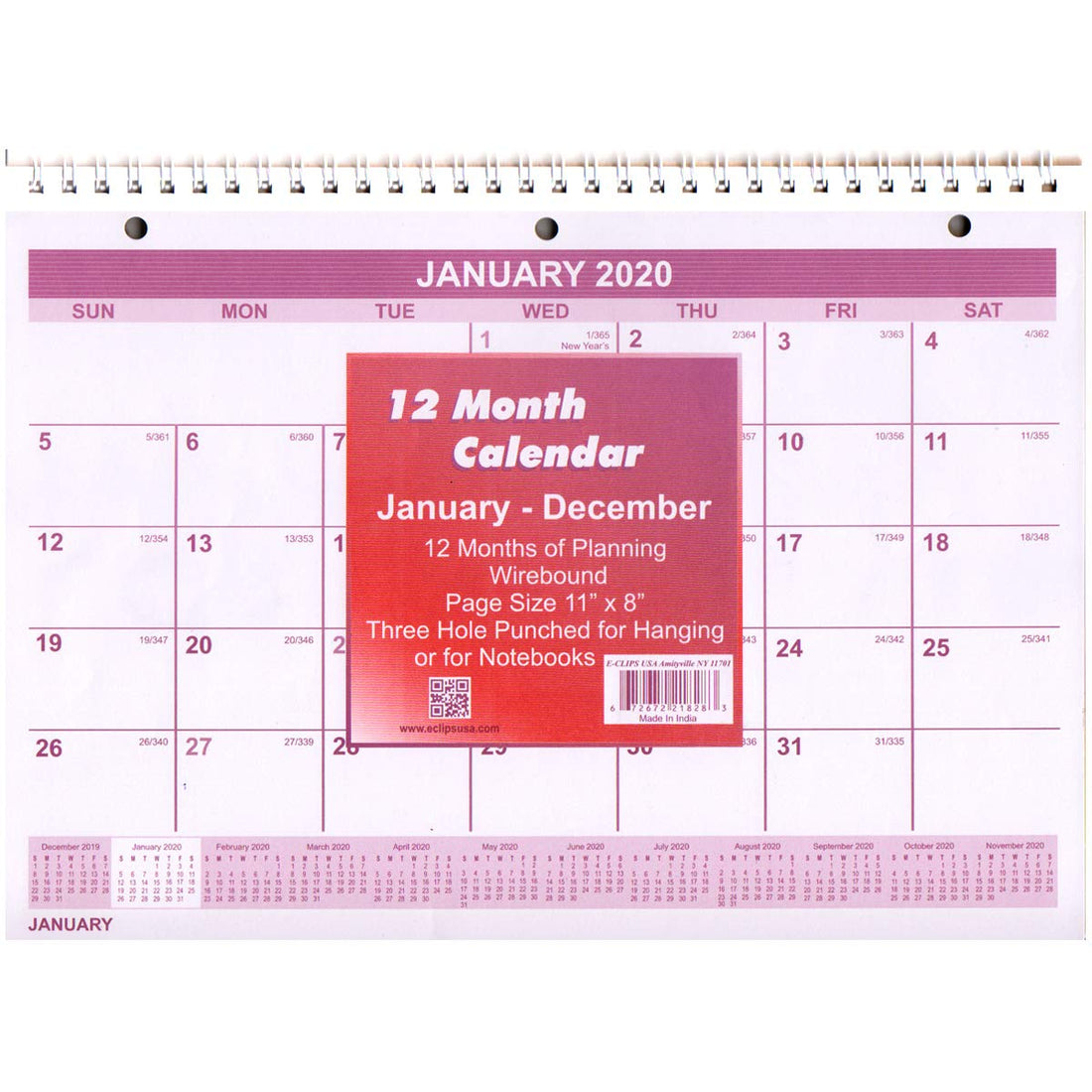 2020 12 Month Spiral Wall Calendar, 8" x 11", Month per Page, Case Pack of 48, Ideal for Bulk Buyers