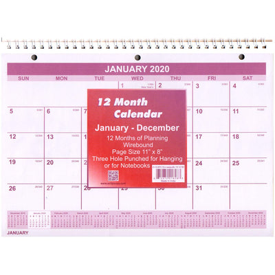 2020 12 Month Spiral Wall Calendar, 8" x 11", Month per Page, Case Pack of 48, Ideal for Bulk Buyers