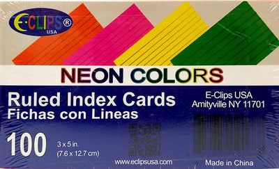 Index cards, 3"x 5", 100 pk, Neon Colors, Ruled, Case Pack of 60, Ideal for Bulk Buyers