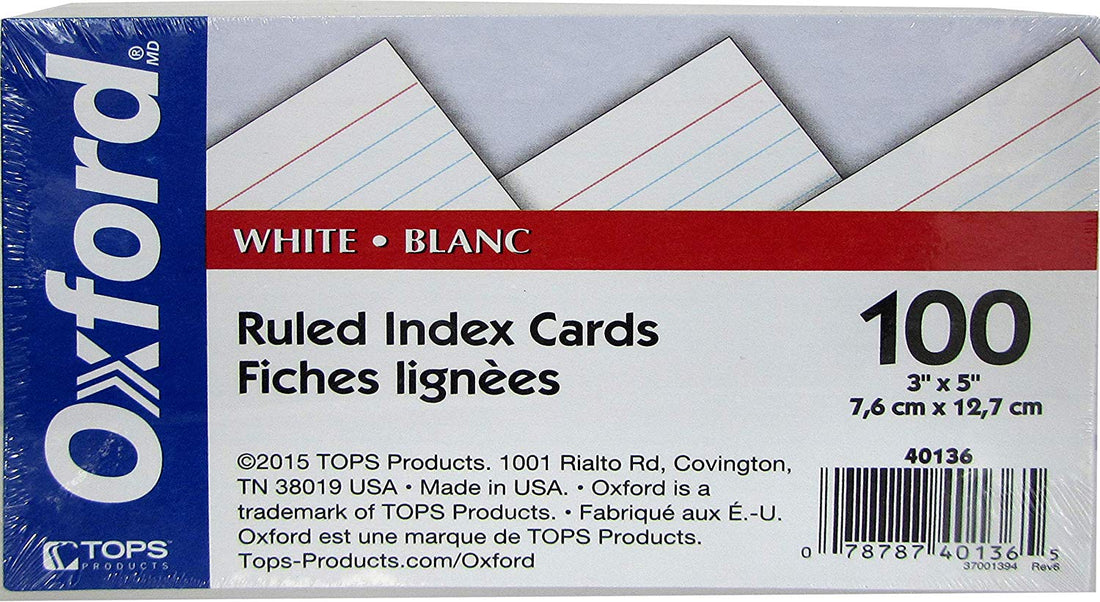 OXFORD Index cards, 3" x 5", 100 pk, white, ruled,Case Pack 30, Ideal for Bulk Buyers