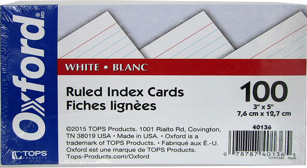OXFORD Index cards, 3" x 5", 100 pk, white, ruled,Case Pack 30, Ideal for Bulk Buyers