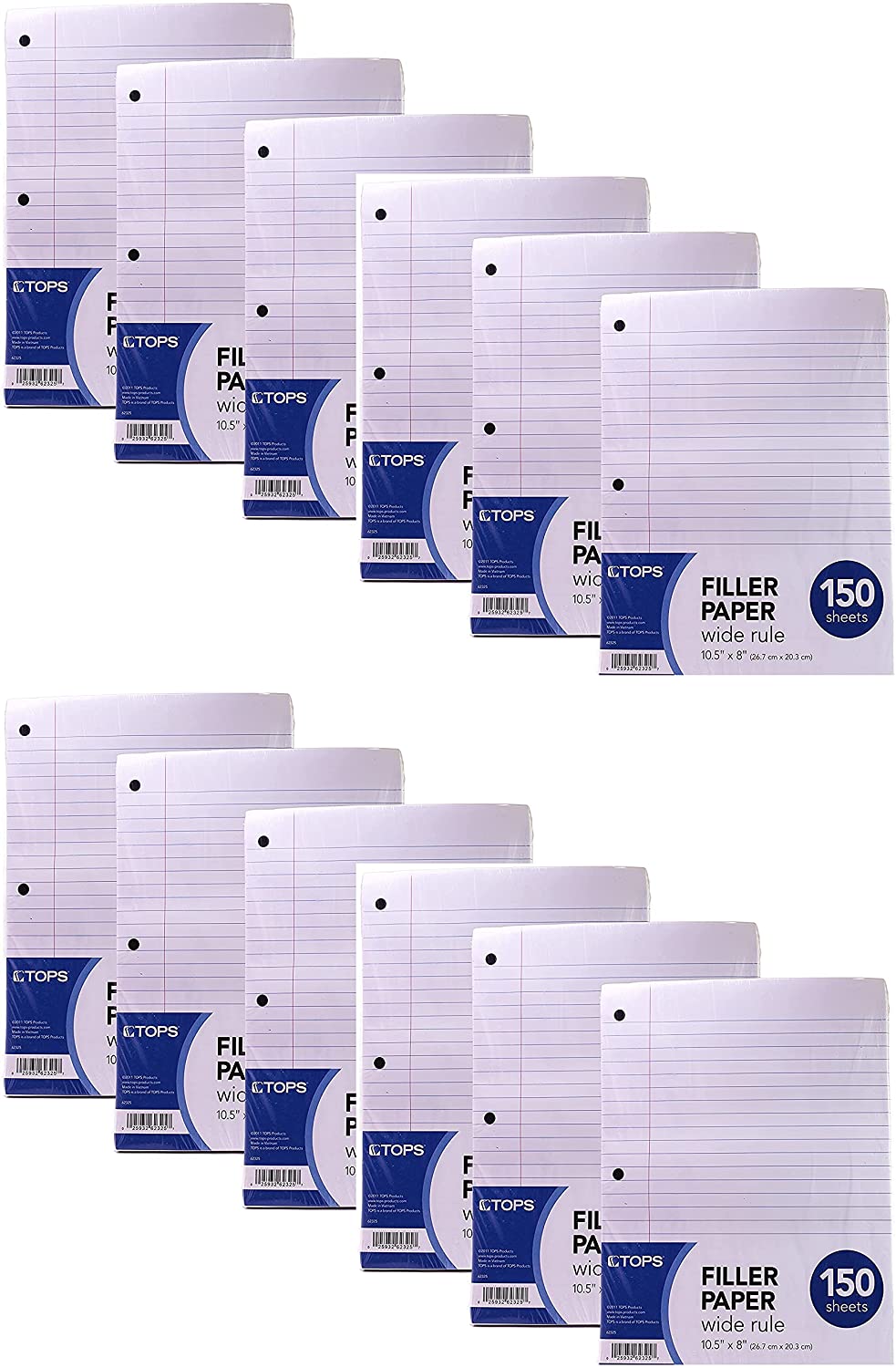 TOPS Loose Leaf Paper, Reinforced Filler Paper, Wide Ruled, 3 Hole Punched, 10-1/2" x 8", 150 Sheets/Pack, White, 12 Pack