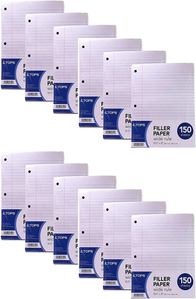 TOPS Loose Leaf Paper, Reinforced Filler Paper, Wide Ruled, 3 Hole Punched, 10-1/2" x 8", 150 Sheets/Pack, White, 12 Pack