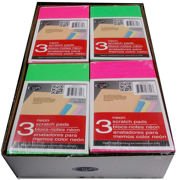 Neon Scratch Pads, 4" x 6", 3 Pk, 2 Displays of 24 per Carton, Case Pack of 48, Ideal for Bulk Buyers