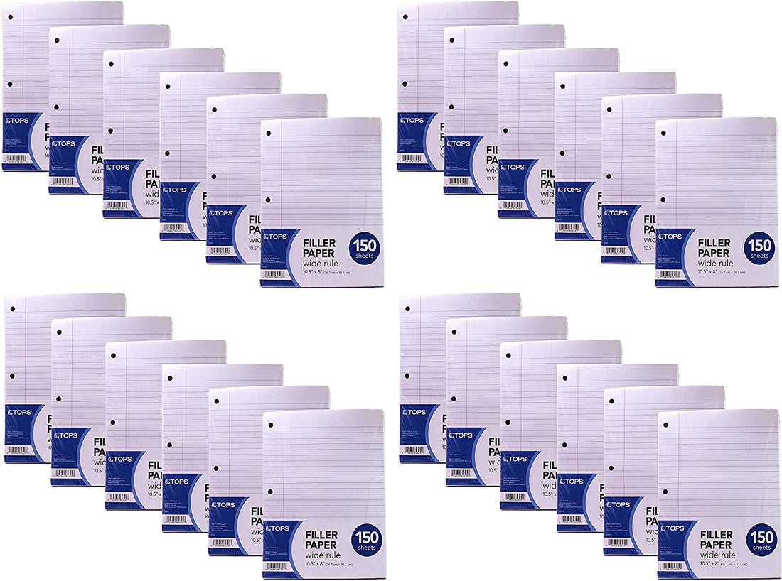 TOPS Loose Leaf Paper, Reinforced Filler Paper, Wide Ruled, 3 Hole Punched, 10-1/2" x 8", 150 Sheets/Pack, White, 24 Pack
