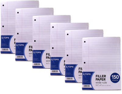 TOPS Loose Leaf Paper, Reinforced Filler Paper, Wide Ruled, 3 Hole Punched, 10-1/2" x 8", 150 Sheets/Pack, White, 6 Pack