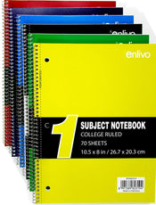 ENLIVO 1 Subject College Ruled Notebook, 70 Sheets, Asst. Colors - Case Pack of 24